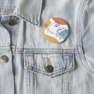 line art drawing poster of woman drinking coffee   6 cm round badge