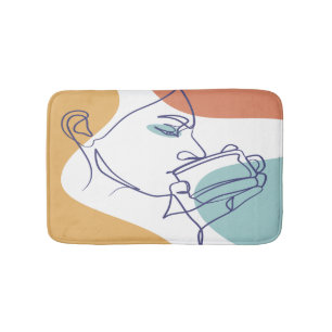 line art drawing poster of woman drinking coffee  bath mat