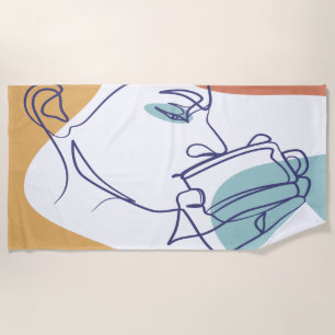 line art drawing poster of woman drinking coffee   beach towel