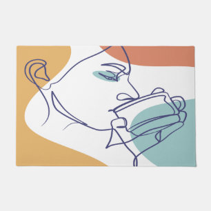 line art drawing poster of woman drinking coffee   doormat