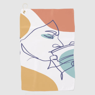 line art drawing poster of woman drinking coffee   golf towel