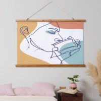 line art drawing poster of woman drinking coffee 
