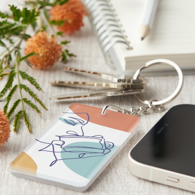 line art drawing poster of woman drinking coffee   key ring (Front Right)