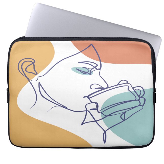 line art drawing poster of woman drinking coffee  laptop sleeve (Front)
