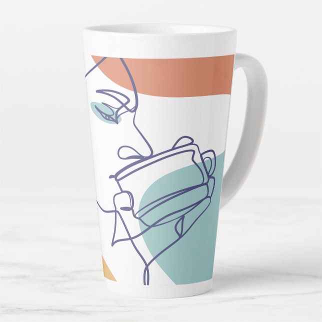 line art drawing poster of woman drinking coffee   latte mug (Right Angle)