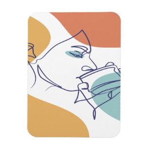 line art drawing poster of woman drinking coffee magnet