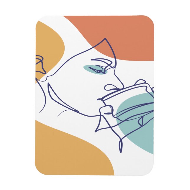 line art drawing poster of woman drinking coffee  magnet (Vertical)