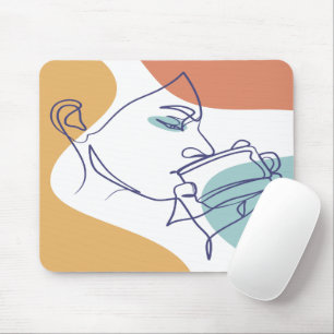 line art drawing poster of woman drinking coffee   mouse mat