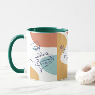 line art drawing poster of woman drinking coffee mug