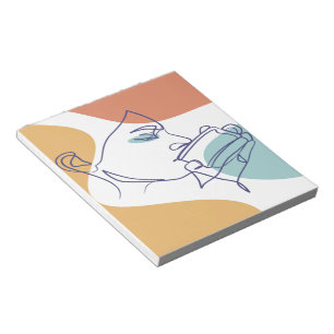 line art drawing poster of woman drinking coffee notepad