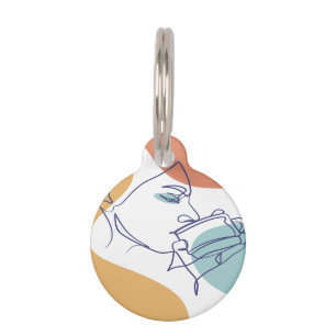 line art drawing poster of woman drinking coffee   pet tag