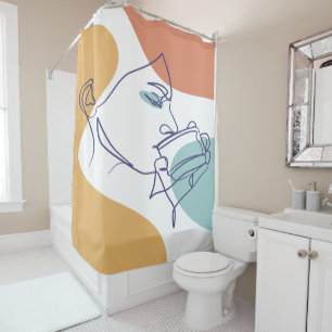 line art drawing poster of woman drinking coffee   shower curtain