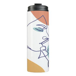 line art drawing poster of woman drinking coffee   thermal tumbler