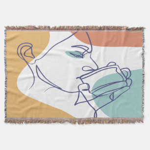 line art drawing poster of woman drinking coffee throw blanket