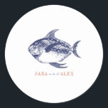 Line Art Fish Red & Blue Beach Wedding Classic Round Sticker<br><div class="desc">Illustration of blue fish.  Text is red and blue.</div>