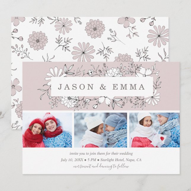 Line Art Floral Frame Dusty Rose 3 Photo Wedding Invitation (Front/Back)