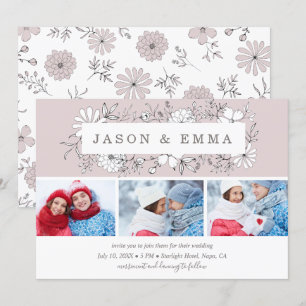 Line Art Floral Frame Dusty Rose 3 Photo Wedding Invitation