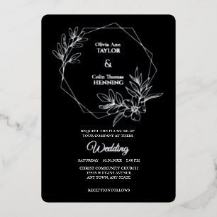 Line Art Floral Photo Wedding Silver Foil Invite