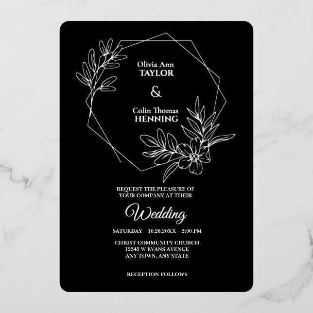 Line Art Floral Photo Wedding Silver Foil Invite (Front)