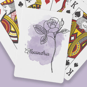 Line Art Flower Rose Purple Watercolor Name Playing Cards