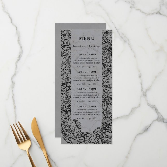 Line art flowers, grey floral menu or price list (Front/Back In Situ)