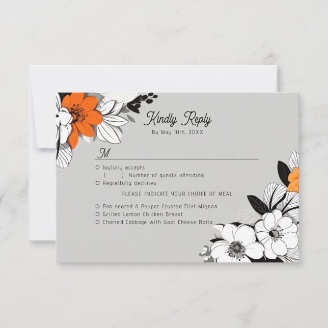 Line-art flowers meal choices RSVP card (Front)