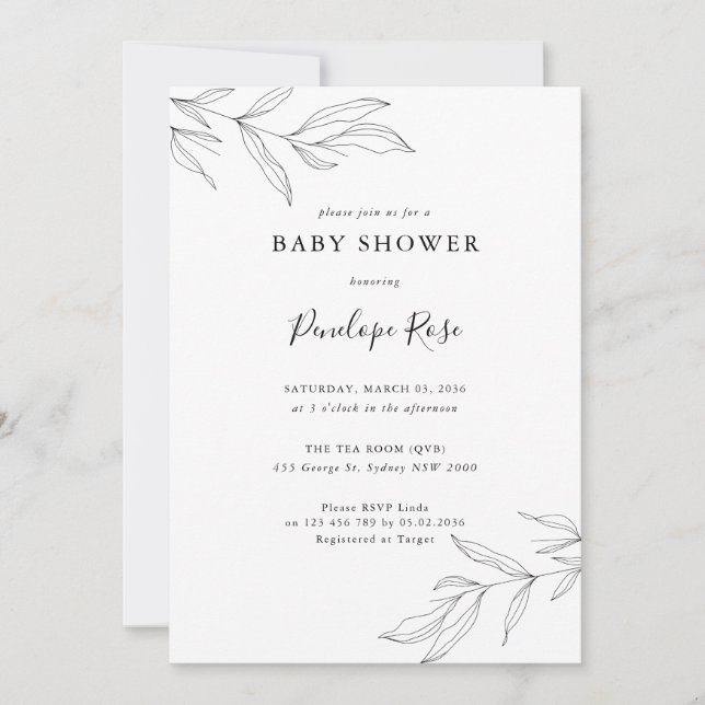 Line Art Foliage Leaf Baby Shower Invitation (Front)