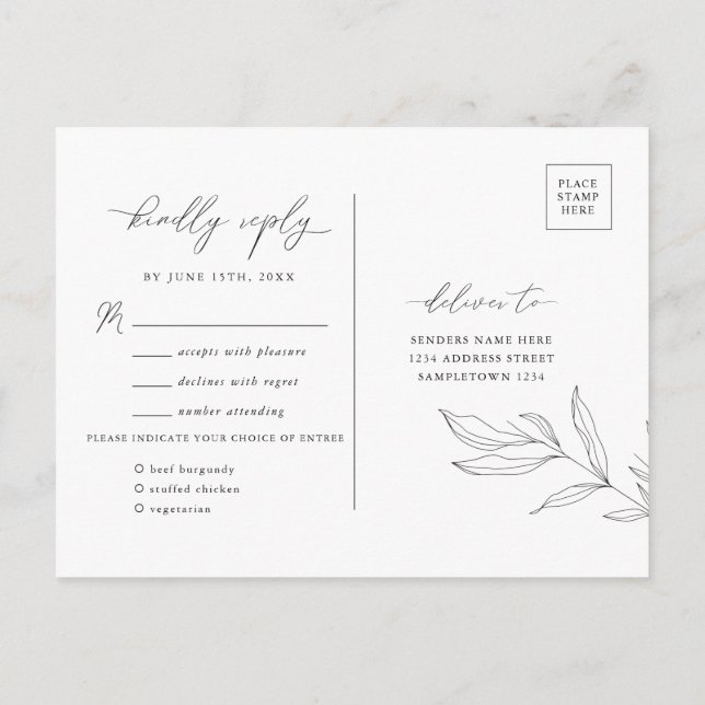 Line Art Foliage Leaf RSVP Postcard (Back)