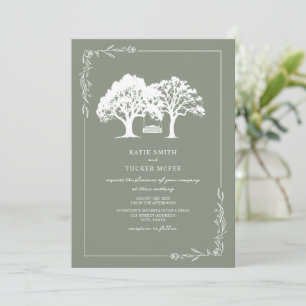 Line Art Forest Bench Swing Sage Green Wedding Invitation