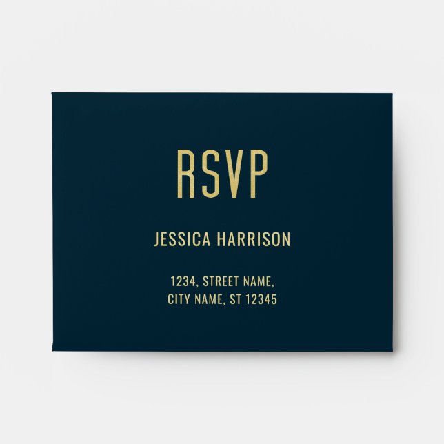 Line Art Gold Deep Blue Elegant Wedding RSVP Envelope (Front)