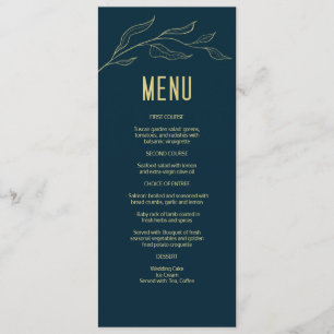 Line Art Gold Leaves Deep Blue Elegant Wedding Menu