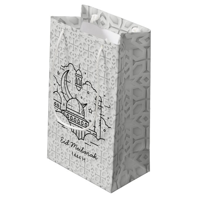 Line Art Happy EID Mubarak White Small Gift Bag (Back Angled)