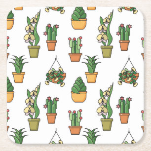 Line Art Houseplants: Vintage Seamless Square Paper Coaster