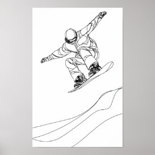 line art illustration of a snowboarder poster