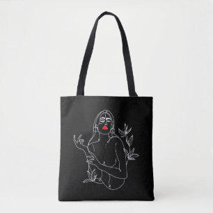 Line Art illustration. Woman in black and white Tote Bag