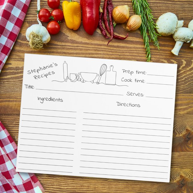 Line art Kitchen Utensils Black and White Recipe Notepad (Creator Uploaded)