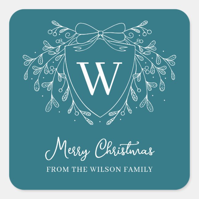 Line art mistletoe blue & white Christmas crest Square Sticker (Front)