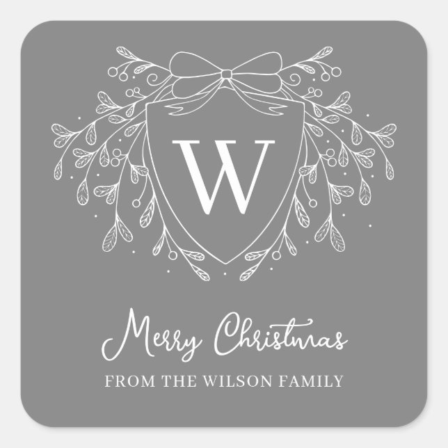 Line art mistletoe grey & white Christmas crest Square Sticker (Front)