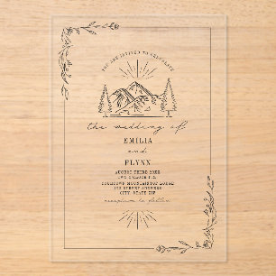 Line Art Mountain Floral Rustic Wedding Acrylic Invitations