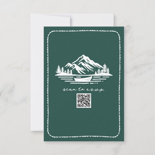 Line Art Mountains Canoe QR Code Wedding RSVP (Front)