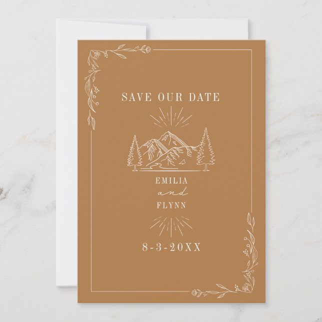Line Art Mountains Goldenrod Wedding Save The Date (Front)