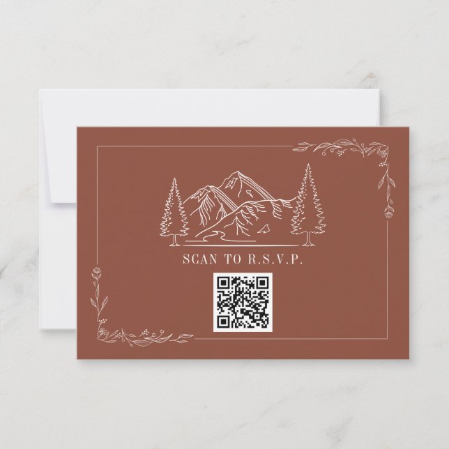 Line Art Mountains Terracotta QR Code Wedding RSVP (Front)