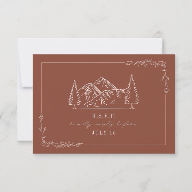 Line Art Mountains Terracotta Wedding RSVP Card (Front)