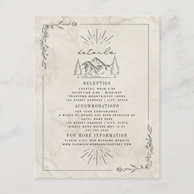 Line Art Mountains Watercolor Wedding Details Enclosure Card (Front)