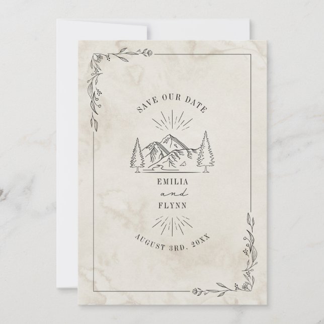 Line Art Mountains Watercolor Wedding Save The Date (Front)