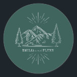 Line Art Mountains Wedding Emerald Wedding Classic Round Sticker<br><div class="desc">Illustration of mountains with evergreen trees.  Background is emerald green.</div>