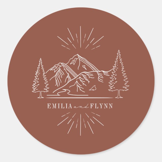 Line Art Mountains Wedding Terracotta Wedding Classic Round Sticker (Front)
