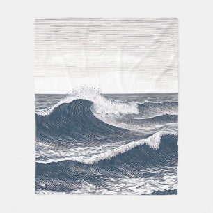 Line Art Ocean Wave Monochrome Surge Fleece Blanket
