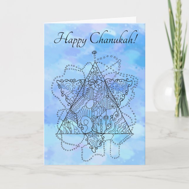Line Art on Blue for Chanukah / Hanukkah Holiday Card (Front)