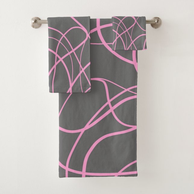 Line Art: Pink on Grey Bath Towel Set (Insitu)